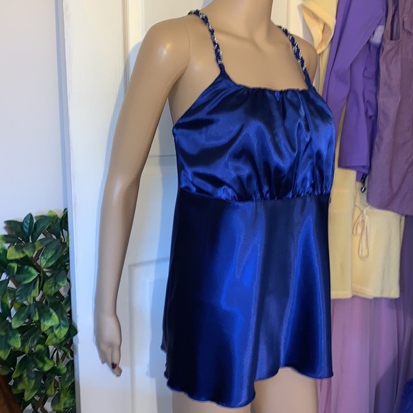 Blue Satin square neckline Empire babydoll cami tank TUNIC top XL - Picture 9 of 11